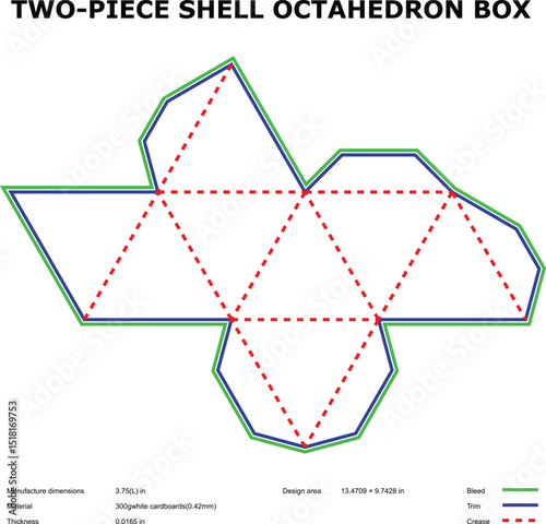 Two piece shell octahedron box template diagram die-cut design