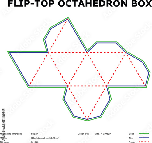 Flip top octahedron box template die cut design