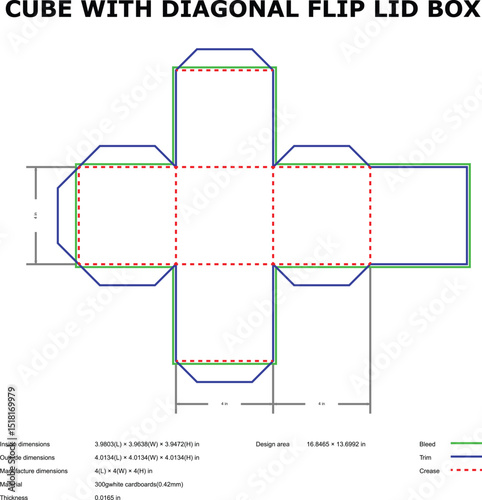 Cube diagonal flip lid box template die-cut packaging design