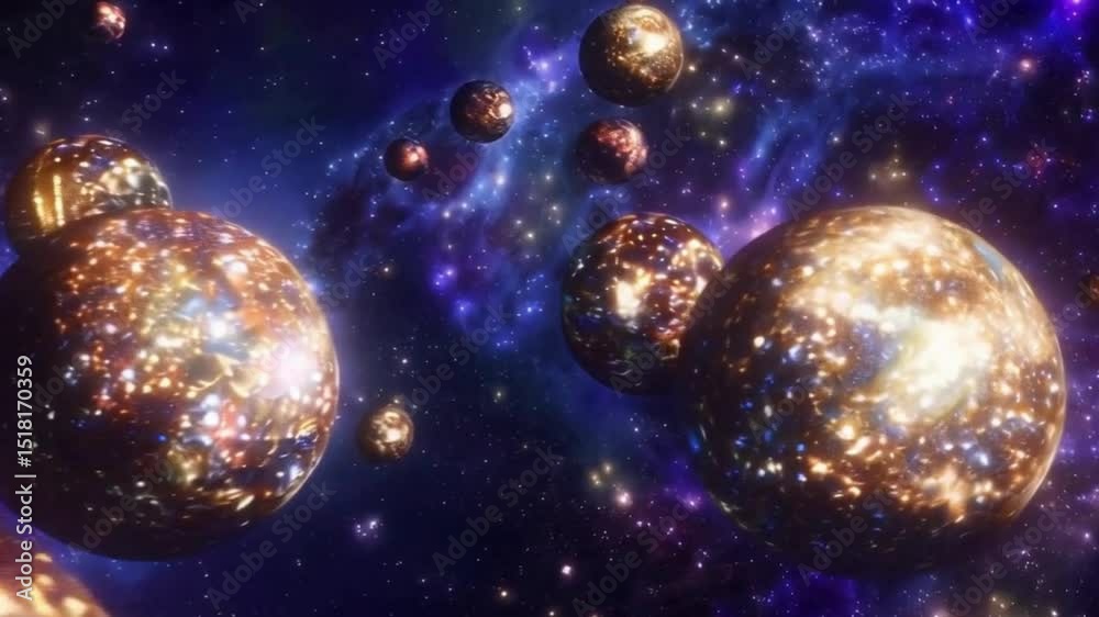 Floating asteroid field with glowing minerals and cosmic dust