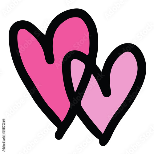 Hand drawn cute Illustration of two pink hearts for Valentine's day, love sign, shirt print, cute patch, sticker, wedding card, brooch, text, message, font, typography, tattoo
