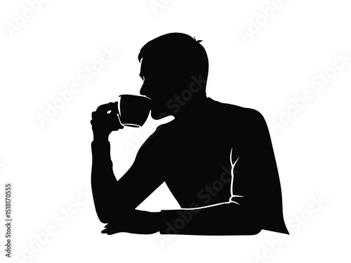 silhouette of a man drinking coffee isolated with white background 