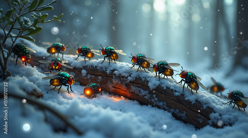 Group of Flies with Glowing Abdomens on Snow-Covered Log in Winter