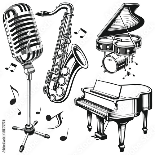 Jazz Culture Vintage Music Aesthetics Icon Set PNG | Retro Jazz, Classic Instruments, Nostalgic Music Vibes