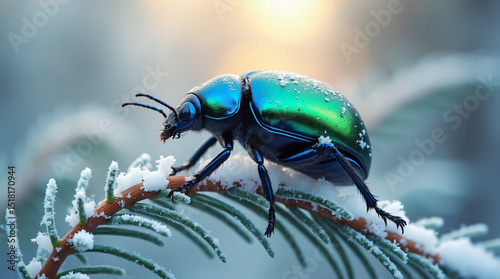 Iridescent Beetle on Frosty Evergreen Branch