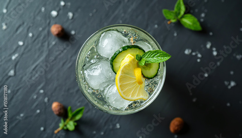 Overhead View of a Drink with Ice, Lemon, Cucumber, and Mint