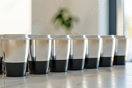 Ultra Hd Visual of a Row of Silver and Black Coffee Cups Are on a Table