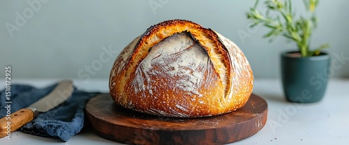 Artisan sourdough loaf on wooden board