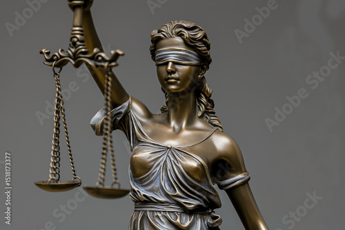 Full shot of bronze Lady Justice statue, blindfolded woman symbolizing justice, detailed and high quality composition