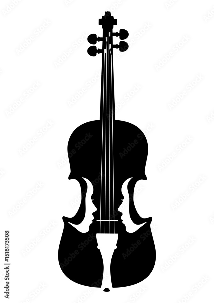 Fototapeta premium Black silhouette of a violin and two white female profiles, minimalist design for music logos, concert posters, album covers and illustrations of the spirituality of music