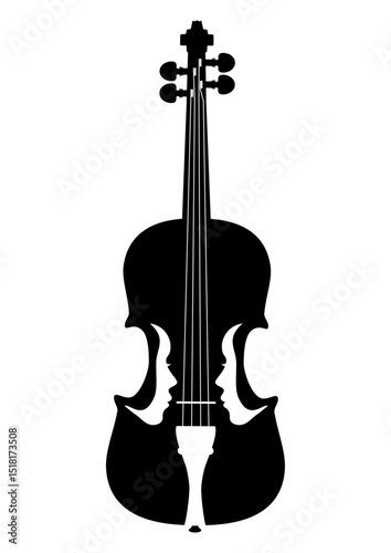 Black silhouette of a violin and two white female profiles, minimalist design for music logos, concert posters, album covers and illustrations of the spirituality of music