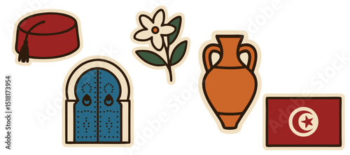 Tunisia Traditional Culture Vector Stickers – Fez Hat, Jasmine, Door, Pottery and Flag Icons – Transparent Background
