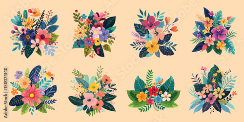 Colorful floral vector illustrations, isolated vector set