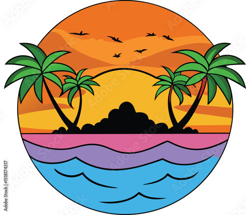 Vibrant sunset beach scene with palm trees seagulls and ocean waves in a circular design