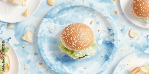 Minimal burger with lettuce and tomato on a blue ceramic plate over textured background with splashes. Modern food styling, perfect for ads, menus, or social media content..