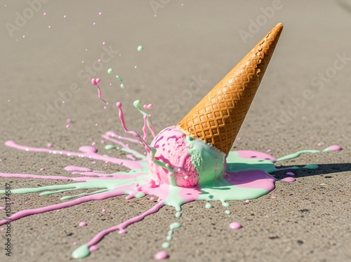 Melting ice cream with bright colors dripping down, embodying the sweet and temporary delight of cold desserts on World Ice Cream Day.