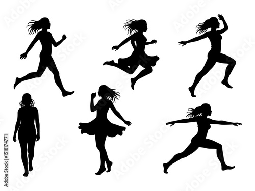 Vector illustration of women’s silhouettes in various leaping poses, shown in black on a white background, symbolizing joy, freedom, energy, and celebration for design use.

