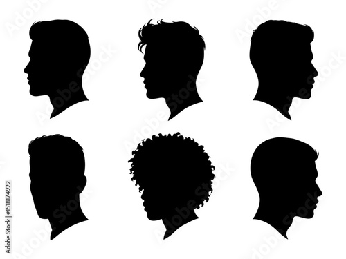 Vector black silhouettes of men’s heads with diverse hairstyles, set against a clean white background, ideal for hairstyle design, logos, fashion projects, and graphic illustrations.

