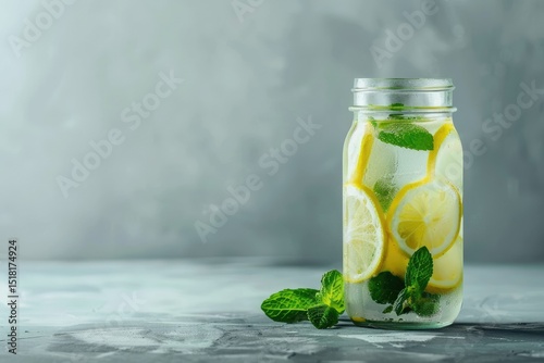 Detailed Picture of Lemonade with Lemon and Mint in a Glass Jar on a Gray Background