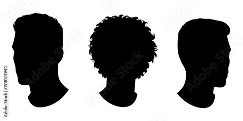 Vector illustration of 3 silhouettes of men’s heads in black on a white background, showcasing diverse profiles and expressions, ideal for design, logos, portraits, and graphics.

