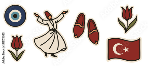 Turkey Culture Vector Stickers – Whirling Dervish, Evil Eye, Tulips, Turkish Flag and Traditional Slippers – Transparent Background
