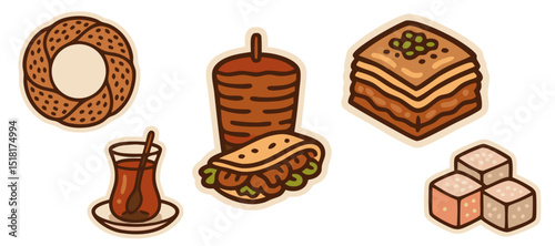 Turkish Food Vector Stickers – Simit, Kebab, Tea, Baklava and Turkish Delight – Transparent Background
