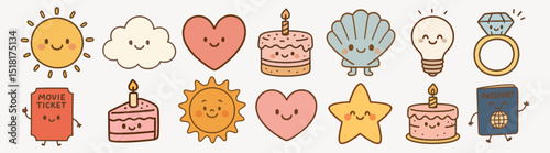 Cute cartoon icons sun, cloud, heart, cake, shell, lightbulb, ring, ticket, star, passport, happy faces vector set element, isolated on white.