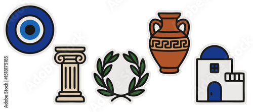 Greek Culture Vector Stickers – Evil Eye, Doric Column, Laurel Wreath, Amphora and Greek Island House – Transparent Background
