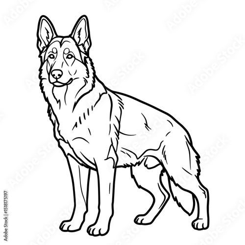 Vector line art coloring page of a German shepherd dog featuring a clean outline for coloring, perfect for kids, adults, coloring books, art projects, and creative fun activities.

