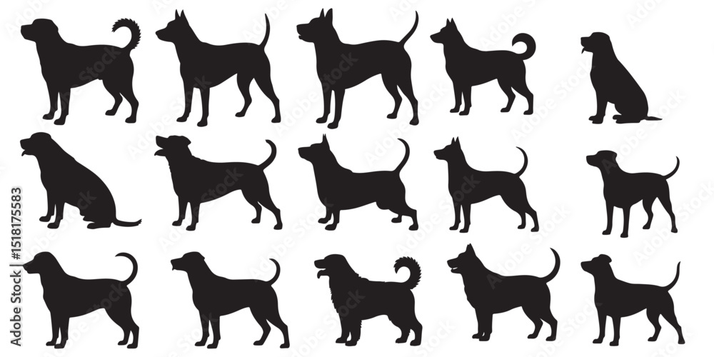 set of black vector various dog silhouettes set of black vector various dog silhouettes