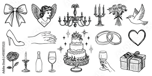 Elegant wedding celebration icons, isolated vector set