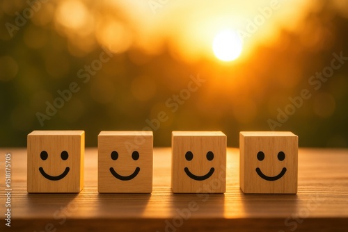 Cheerful Blocks at Sunrise: A row of four wooden blocks, each adorned with a smiling face, sit on a wooden surface, with a warm sunrise in the background, perfectly symbolizing joy and happiness.