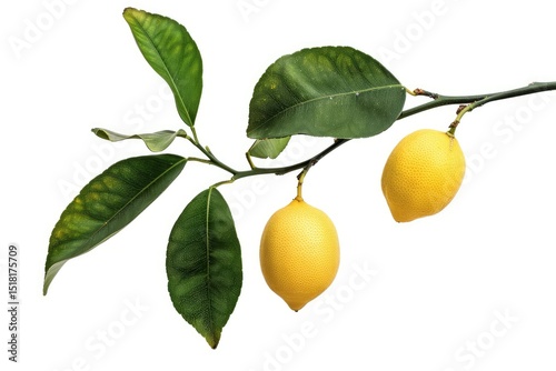 Isolated Branch with Two Lemons and Leaves on White Background Clipping Path Included