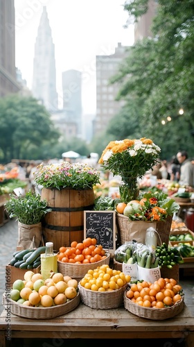 Fresh produce at an outdoor market. Colorful fruits and vegetables displayed on wooden tables