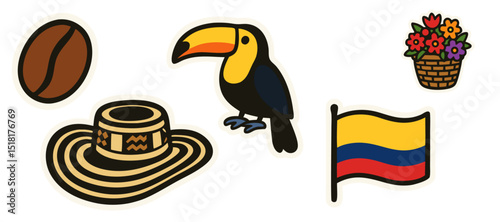 Colombian Culture Vector Stickers – Coffee Bean, Sombrero Vueltiao, Toucan, Flag and Flower Basket – Transparent Background
