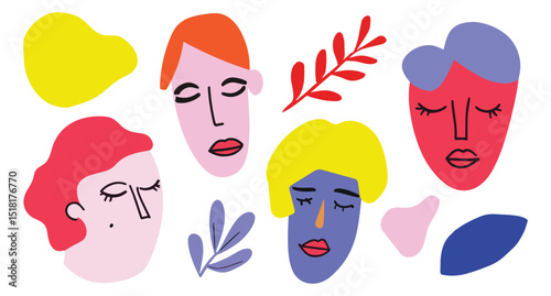 Colorful abstract faces in various styles and expressions on a light background, vector set