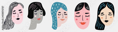 Colorful abstract faces in various styles and expressions on a light background, vector set