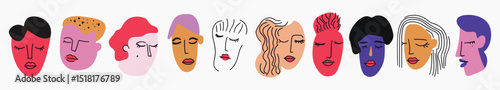 Colorful abstract faces in various styles and expressions on a light background, vector set