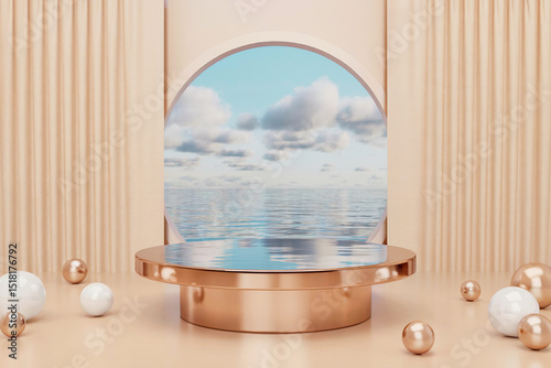 3d render of product display stage with golden accents and ocean view background