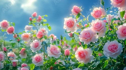 Delicate blooming pink roses  against the blue sky