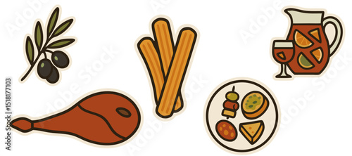 Spanish Food Vector Stickers – Tapas, Jamón, Churros, Sangria and Olives – Transparent Background
