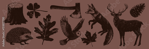 Rustic woodland animal silhouettes, isolated vector set