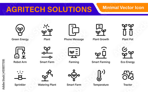 Modern Agritech and Smart Farming Icons – Clean Outline, Line Art, Vector Illustrations for Farm Technology, Automation, and Sustainable Agriculture Projects