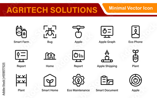 Modern Agritech and Smart Farming Icons – Clean Outline, Line Art, Vector Illustrations for Farm Technology, Automation, and Sustainable Agriculture Projects