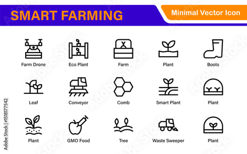 Modern Agritech and Smart Farming Icons – Clean Outline, Line Art, Vector Illustrations for Farm Technology, Automation, and Sustainable Agriculture Projects