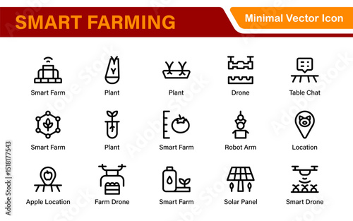 Modern Agritech and Smart Farming Icons – Clean Outline, Line Art, Vector Illustrations for Farm Technology, Automation, and Sustainable Agriculture Projects
