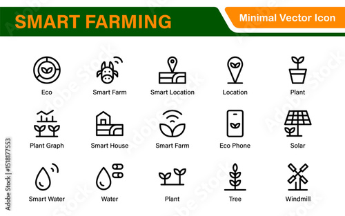 Modern Agritech and Smart Farming Icons – Clean Outline, Line Art, Vector Illustrations for Farm Technology, Automation, and Sustainable Agriculture Projects