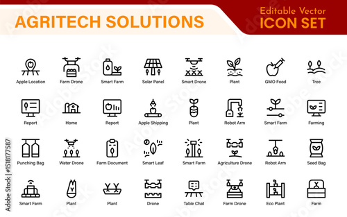 Modern Agritech and Smart Farming Icons – Clean Outline, Line Art, Vector Illustrations for Farm Technology, Automation, and Sustainable Agriculture Projects
