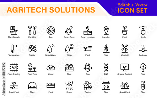 Modern Agritech and Smart Farming Icons – Clean Outline, Line Art, Vector Illustrations for Farm Technology, Automation, and Sustainable Agriculture Projects