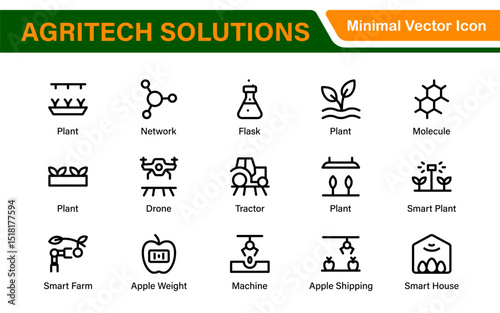 Modern Agritech and Smart Farming Icons – Clean Outline, Line Art, Vector Illustrations for Farm Technology, Automation, and Sustainable Agriculture Projects